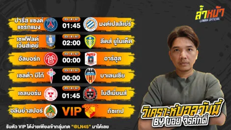 บอลวันนี้ ล้ำหน้า วิเคราะห์บอลวันนี้ ทีเด็ดบอล บอลเต็ง บอลสเต็ป วันศุกร์ที่ 23 สิงหาคม พ.ศ.2567 ล้ำหน้า